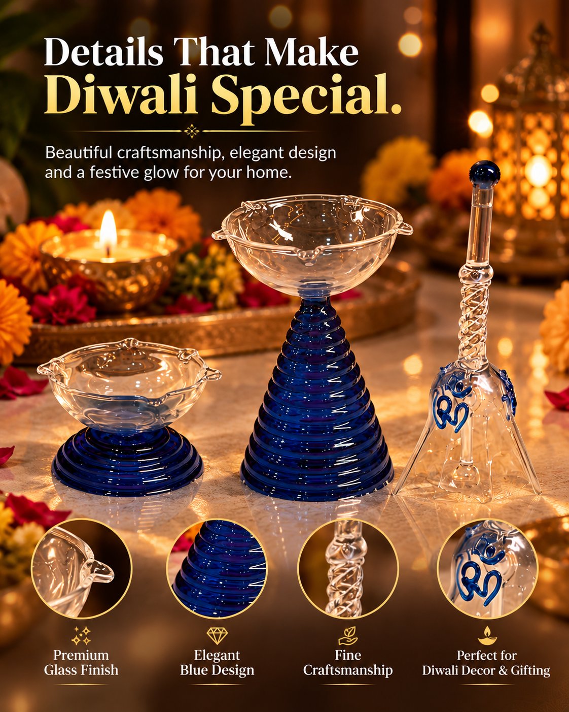 Piccksy Blue Glass Diya Set with Samai & Om Pooja Bell | 3-Piece Diwali Pooja & Gift Set