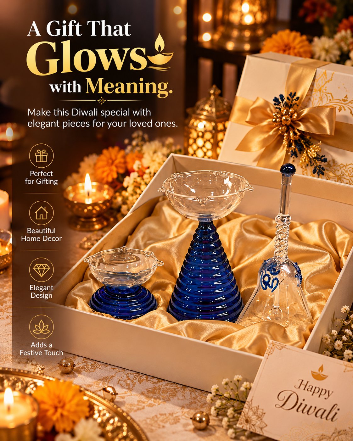 Piccksy Blue Glass Diya Set with Samai & Om Pooja Bell | 3-Piece Diwali Pooja & Gift Set
