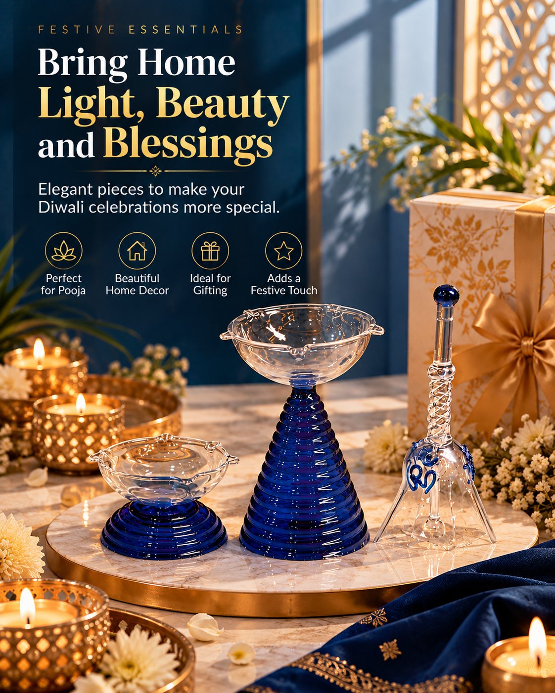 Piccksy Blue Glass Diya Set with Samai & Om Pooja Bell | 3-Piece Diwali Pooja & Gift Set