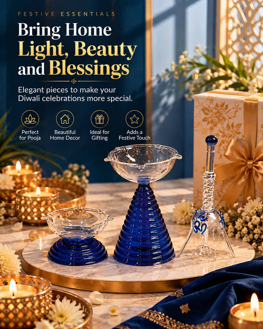 Piccksy Blue Glass Diya Set with Samai & Om Pooja Bell | 3-Piece Diwali Pooja & Gift Set